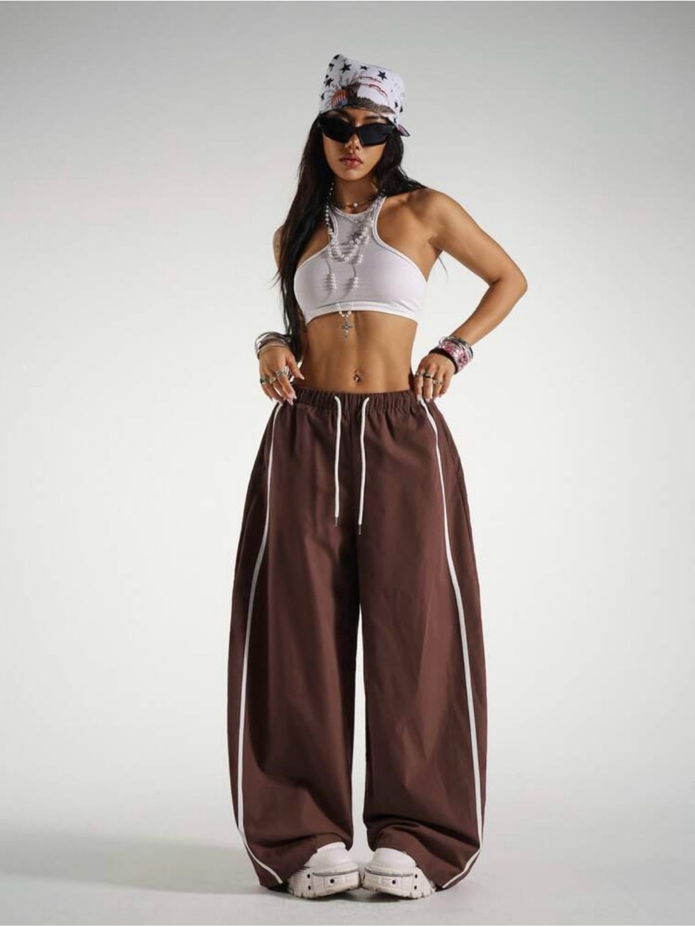 Wide Leg Track Pants | Y2K Chocolate Brown Contrast Stripe Baggy Pants | Size M